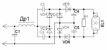 Схема безстартерного устройства зажигания ламп дневного света.